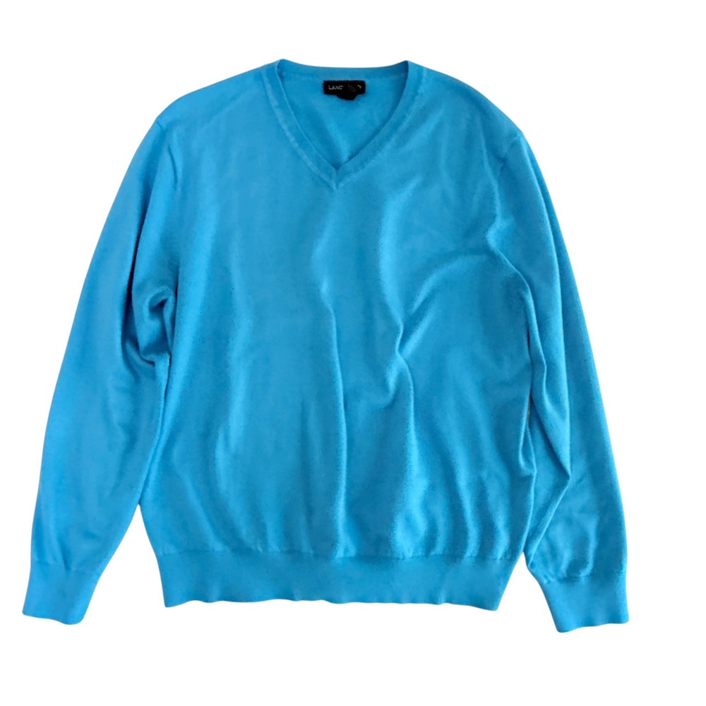 Lands End Mens V-Neck Sweater Bright Blue Acrylic Nylon Blend Size Large